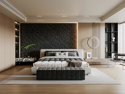 Modern Bedroom Interior With Textured Headboard Wall Round Mirror And Wooden Flooring 3d model