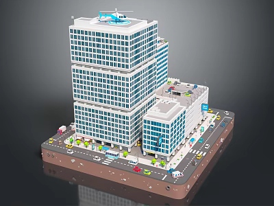 Cartoon Style City Scene with Tall Glass Buildings Helicopter on Rooftop Street Vehicles and Greenery 3d model
