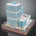 Cartoon Style City Scene with Tall Glass Buildings Helicopter on Rooftop Street Vehicles and Greenery