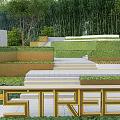 Modern Commercial Landscape Design With Geometric Steps Greenery Lawn And White Structures