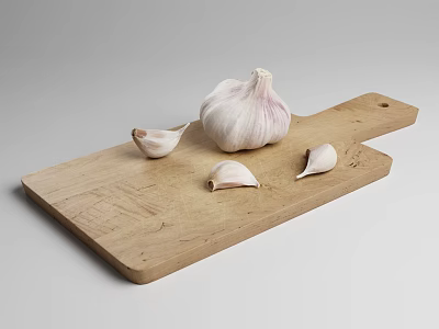 Fresh Garlic on Wooden Cutting Board with Whole Bulb and Cloves 3d model