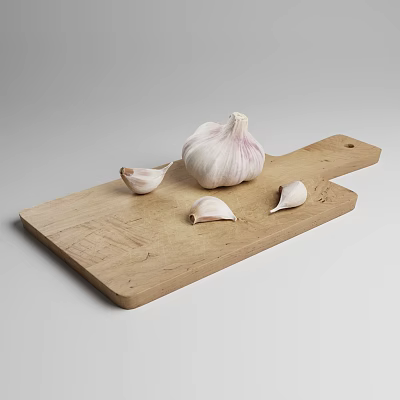 Fresh Garlic on Wooden Cutting Board with Whole Bulb and Cloves 3d model