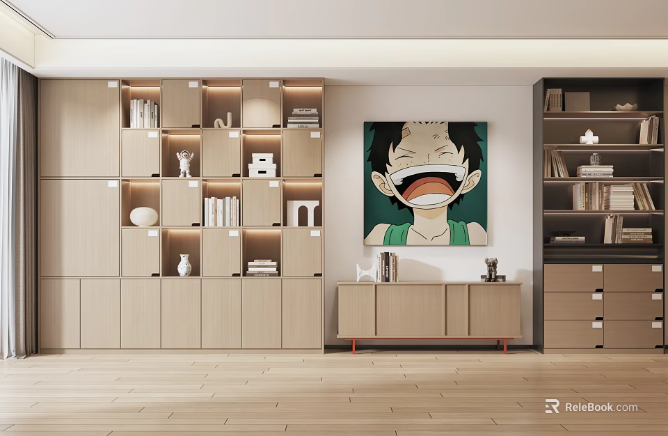 Modern Interior Featuring Wooden Decorative Cabinet With Books Vases And Wall Art 3d model 