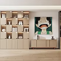 Modern Interior Featuring Wooden Decorative Cabinet With Books Vases And Wall Art