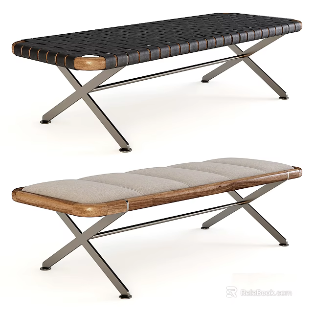 Modern Sofa Bench With Woven And Upholstered Seats Wooden Frame And Metal X Legs 3d model 