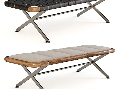 Modern Sofa Bench With Woven And Upholstered Seats Wooden Frame And Metal X Legs 3d model