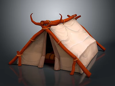 Primitive Tent Structure With Horn Shaped Wooden Poles And Canvas Covering 3d model