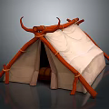 Primitive Tent Structure With Horn Shaped Wooden Poles And Canvas Covering