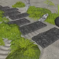 Serene Garden Stepping Stones With Black Stone Slabs Green Plants Gravel And Rocks