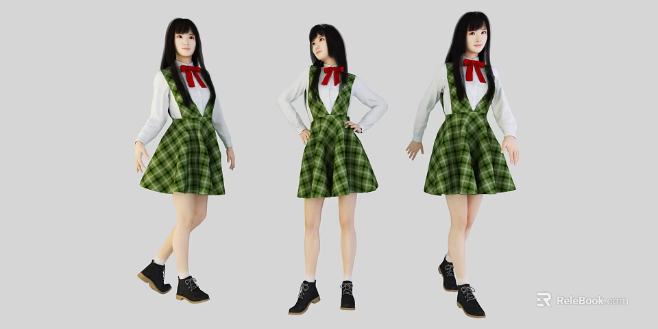 Green Plaid Overall Dress White Top Red Bow Tie Black Shoes Woman in Various Poses 3d model 