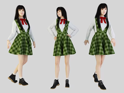 Green Plaid Overall Dress White Top Red Bow Tie Black Shoes Woman in Various Poses 3d model