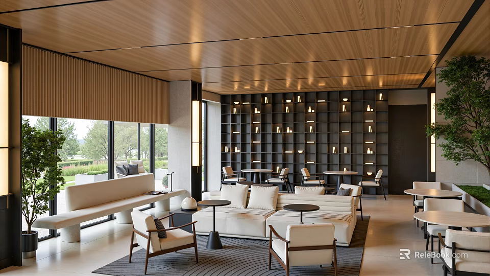 Elegant Sales Office Interior Design With Wooden Ceiling Large Windows Sofas Chairs And Coffee Tables 3d model 