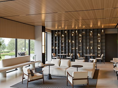 Elegant Sales Office Interior Design With Wooden Ceiling Large Windows Sofas Chairs And Coffee Tables 3d model