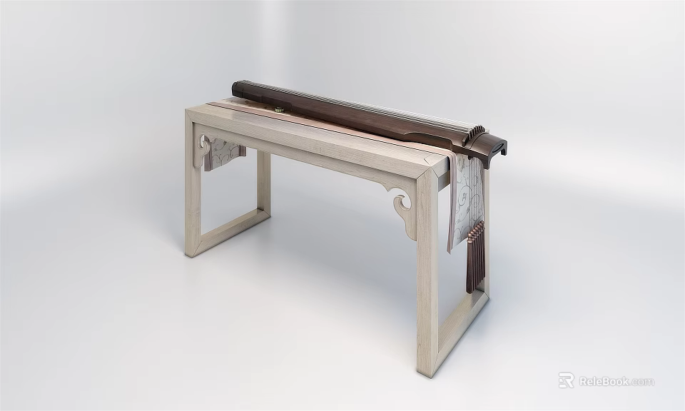 Traditional Chinese Guqin Instrument On Light Colored Wooden Qin Table With Carved Patterns 3d model 