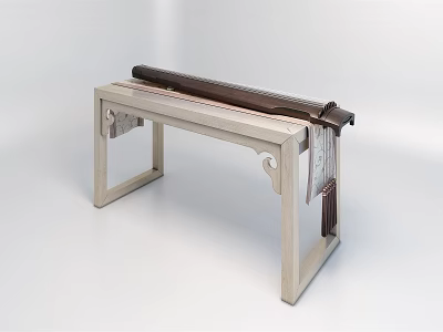 Traditional Chinese Guqin Instrument On Light Colored Wooden Qin Table With Carved Patterns 3d model