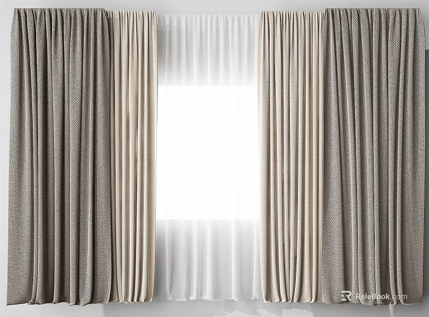Layered Gray and White Curtains with Thick Panels and Sheer Window Treatment 3d model 