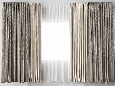 Layered Gray and White Curtains with Thick Panels and Sheer Window Treatment 3d model
