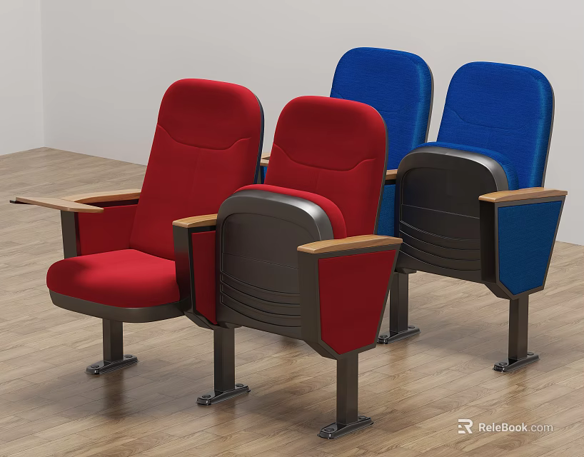 Red And Blue Theater Public Chairs With Wooden Armrests And Metal Legs 3d model 