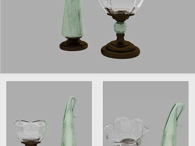 Elegant Home Decor Ornament Set With Green Ceramic And Transparent Glass Pieces On Dark Base 3d model