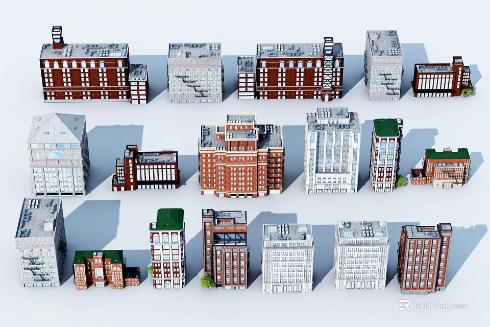 Various Office Buildings With Red Brick White And Modern Exterior Designs 3d model 
