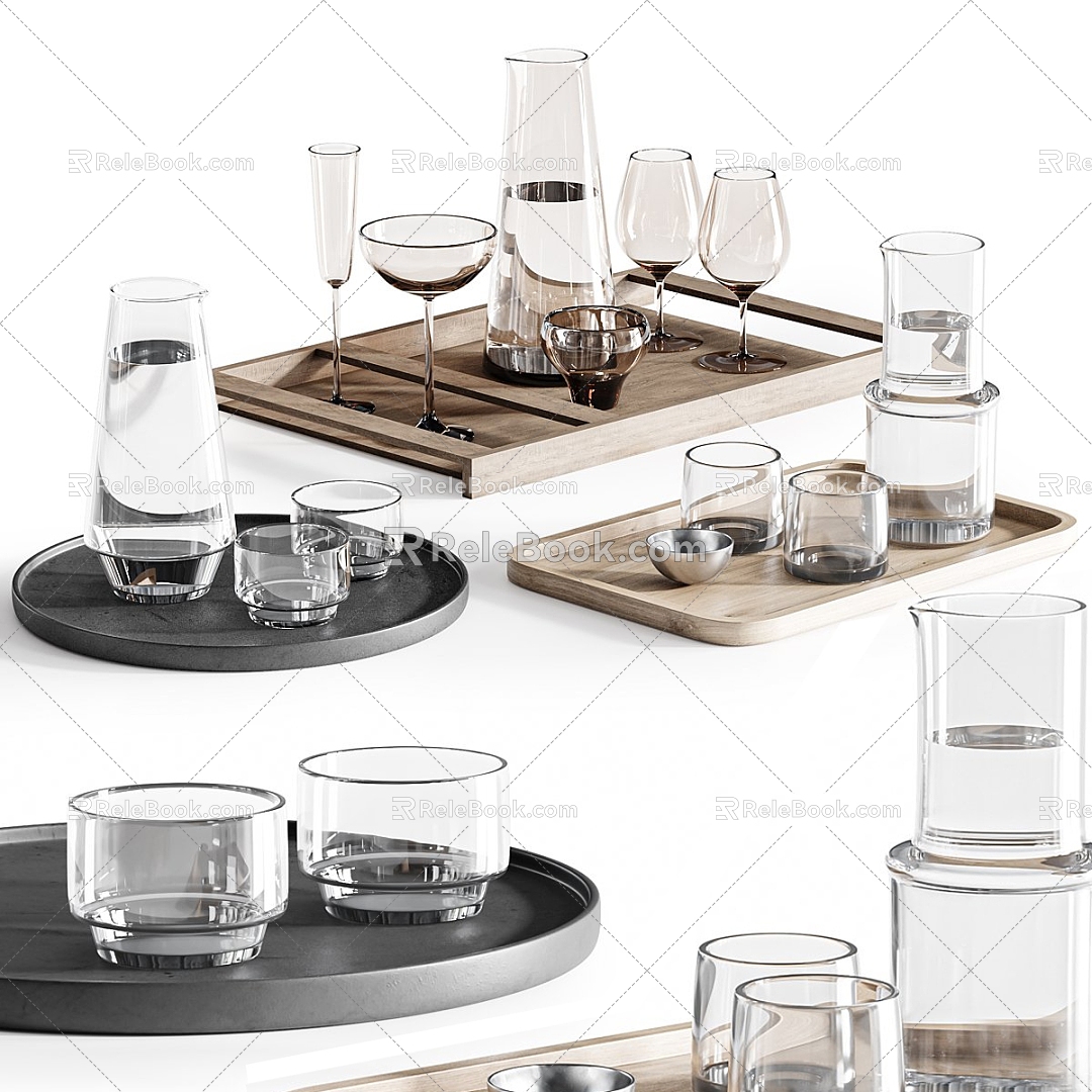 Modern Water Cup Ornaments Glass Cup Glass Kettle Tea Tray 3d model