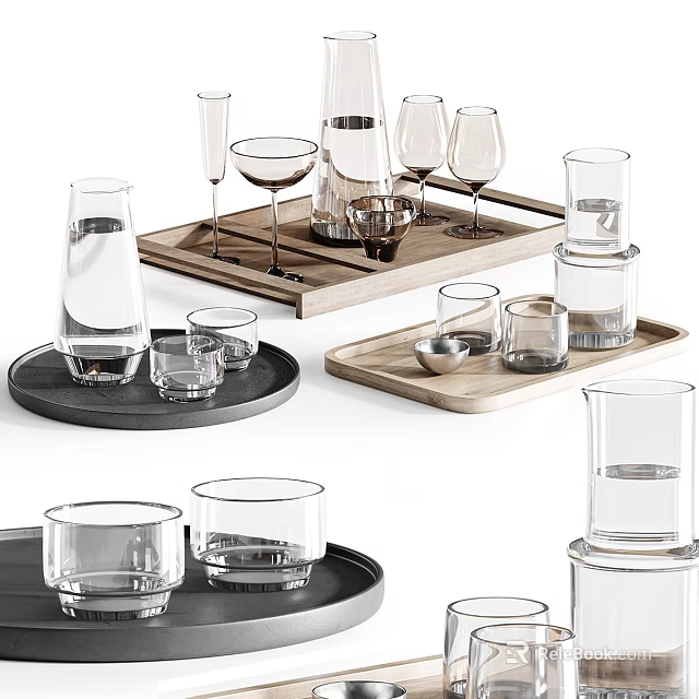 Elegant Glass Tea Set With Wooden Tray For Tabletop Display And Use 3d model 