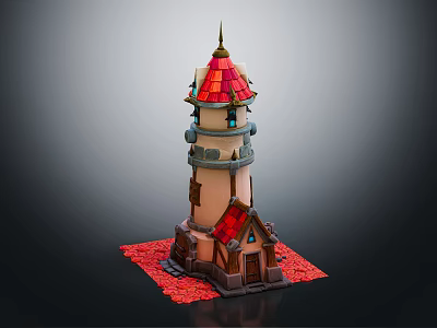 Cartoon Style Whimsical Tower With Red Roof Small House And Ornate Windows On Red Base 3d model