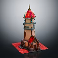Cartoon Style Whimsical Tower With Red Roof Small House And Ornate Windows On Red Base