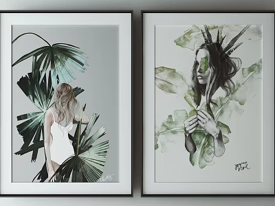 Decorative Wall Art Prints With Female Figures And Green Palm Leaves 3d model