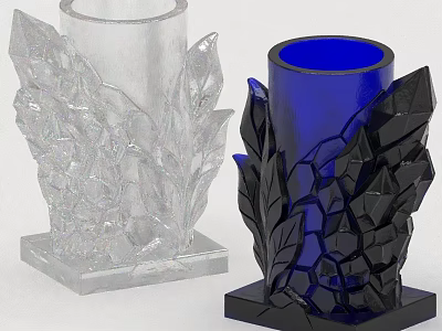 Transparent And Blue Flower Vase With Leaf Design Cracked Pattern And Square Base 3d model