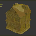 Two Story Gingerbread House Building with Snow on Roof and Christmas Decorated Windows and Wreaths