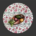 Fresh Vegetables in Wicker Basket on Pink Floral Tablecloth with Beets Sweet Potatoes Onions and Celery