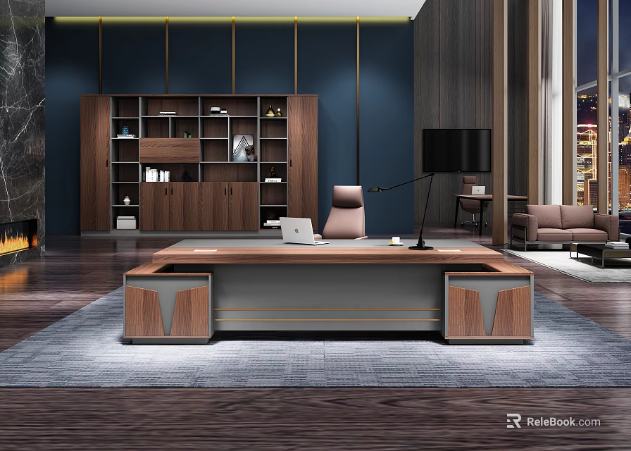Modern Office Interior With Wooden Desk Leather Chair Bookshelf Sofa And Dark Blue Walls 3d model 