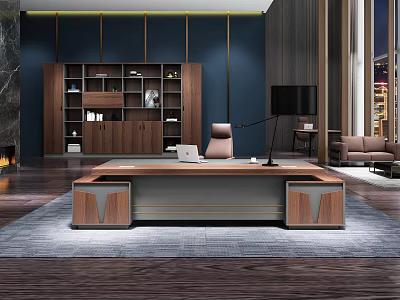 Modern Office Interior With Wooden Desk Leather Chair Bookshelf Sofa And Dark Blue Walls 3d model