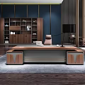 Modern Office Interior With Wooden Desk Leather Chair Bookshelf Sofa And Dark Blue Walls