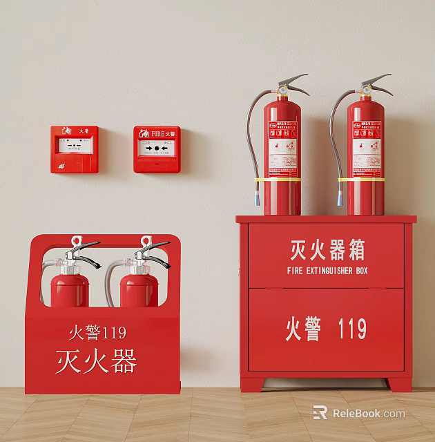 Red Fire Fighting Equipment With Wall Mounted Alarm Buttons Extinguishers And Cabinet 3d model 