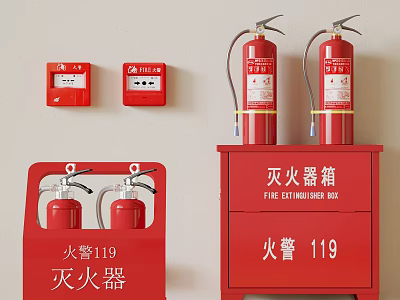 Red Fire Fighting Equipment With Wall Mounted Alarm Buttons Extinguishers And Cabinet 3d model