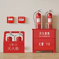 Red Fire Fighting Equipment With Wall Mounted Alarm Buttons Extinguishers And Cabinet