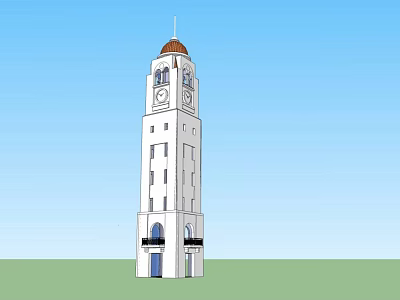 White Clock Tower With Red Dome Arched Doorways And Black Railings 3d model