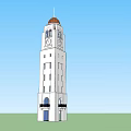 White Clock Tower With Red Dome Arched Doorways And Black Railings