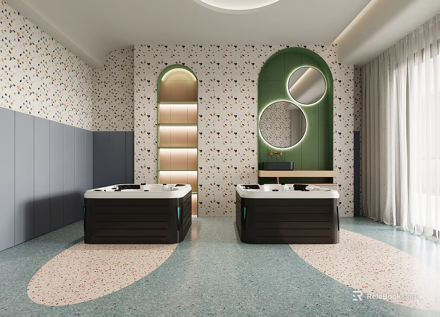 Stylish Mall Store Interior With Patterned Walls Arched Shelves And Mirrors 3d model 