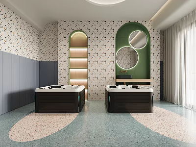 Stylish Mall Store Interior With Patterned Walls Arched Shelves And Mirrors 3d model