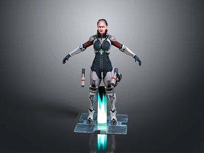 Futuristic Sci Fi Female Character In Mechanical Armor Standing On Glowing Tech Base With Detailed Design 3d model