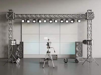 Professional Studio Equipment Setup With Lighting Truss Spotlights Tripod And Audio Speakers 3d model