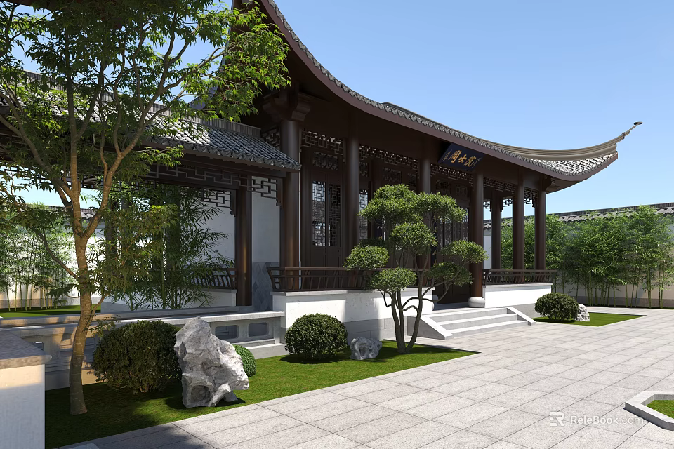 Chinese Traditional Garden Landscape With Pavilion Green Plants Stone And Lawn Path 3d model 