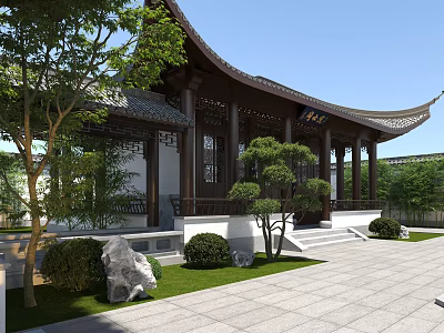 Chinese Traditional Garden Landscape With Pavilion Green Plants Stone And Lawn Path 3d model