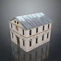 Classical Style Building Model With White Walls Dark Roof And Symmetrical Windows