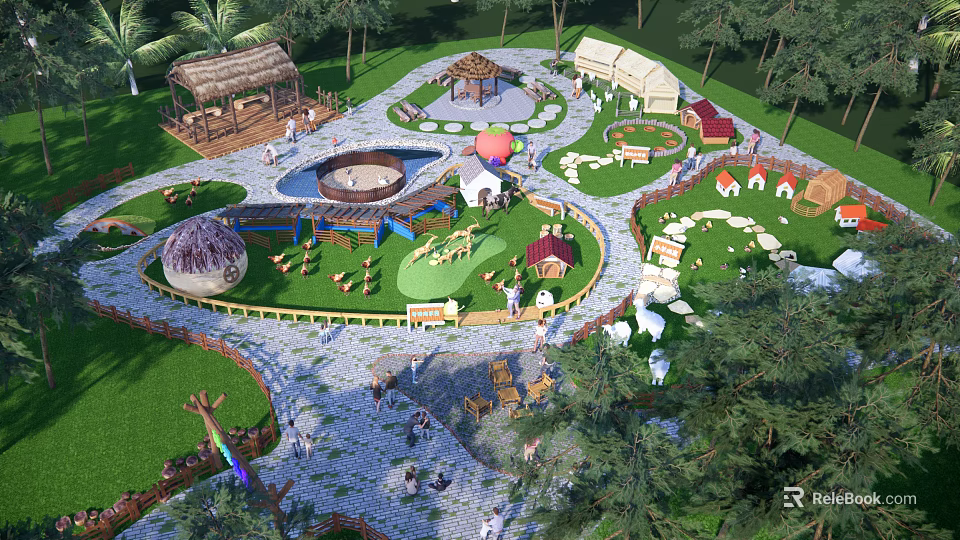 Children's Play Area With Slides Swings Climbing Structures Huts And Green Paths 3d model 