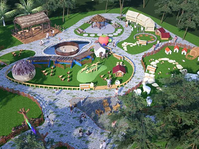 Children's Play Area With Slides Swings Climbing Structures Huts And Green Paths 3d model