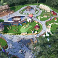 Children's Play Area With Slides Swings Climbing Structures Huts And Green Paths